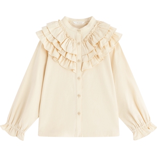 播broadcute童装衬衫秋季新款男女童纯棉荷叶领童趣KEQ3C528