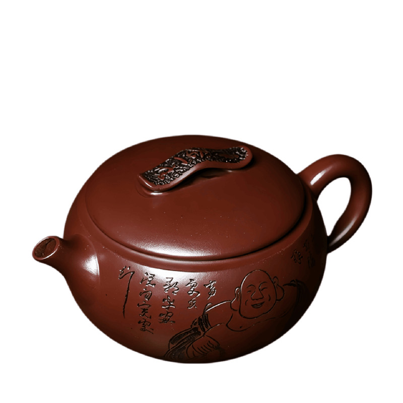 宜兴朱凤妹禅茶悟道紫砂壶紫血砂汉瓦弥勒佛刻绘家用功夫泡茶单壶