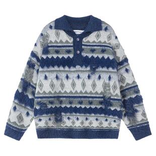 From Mars 不动声色 美式复古撞色设计感翻领宽松慵懒百搭毛衣BF