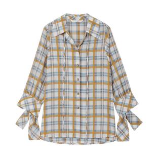 【轻盈格子衬衫】MSLAN春季美式复古格纹V领绑带外套MEBM1417