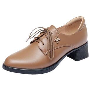 卡其色女鞋真皮系带女士皮鞋中跟不累脚单鞋软皮软底中年妈妈鞋子