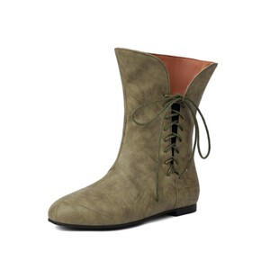 40-48码女鞋41-43外贸中筒靴秋冬圆头女士平底短靴绑带靴子平底靴