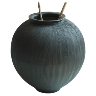 日式侘寂风意式极简拉丝黑陶罐中古花瓶花器摆件干花鲜花器皿民宿