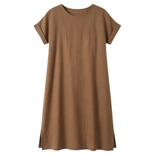 Short sleeved round neck slit dress 纯色圆领开叉短袖连衣裙女