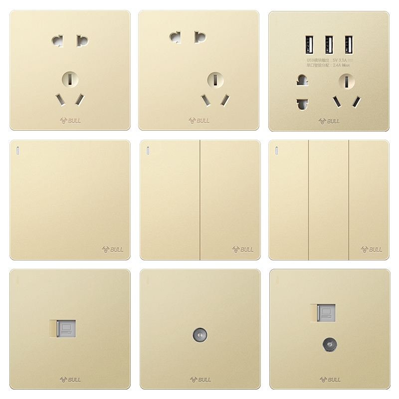 公牛开关插座面板86型家用墙壁二三插带5五孔USB多孔g12金色官网