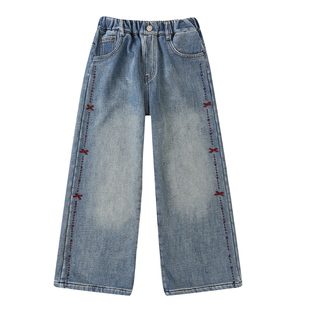 女童冬装加绒牛仔裤2025新款中大儿童春秋洋气绣花宽松直筒阔腿裤