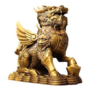 铜麒麟摆件一对金钱麒麟家居饰品店铺办公室招财黄铜摆饰公母麒麟