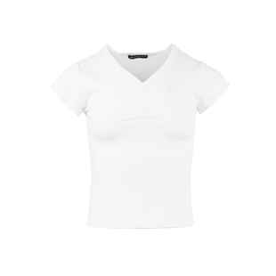 BM短袖上衣女夏天纯色辣妹修身褶皱V领T恤美式纯欲短款内搭显瘦