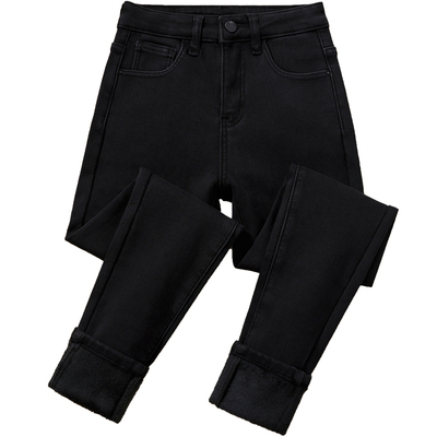 高腰加绒保暖弹力牛仔小脚裤长裤