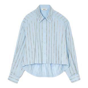 SANDRO2025秋冬女装法式时尚优雅棉质天蓝色仿钻宽松短款长袖衬衫
