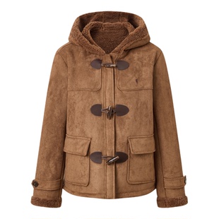 POLOWALK女式外套2025冬季新品经典复古加绒连帽羊角扣外套女装