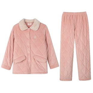 秋鹿珊瑚绒秋冬睡衣女三层夹棉开衫棉衣可外穿家居服套装冬季女款