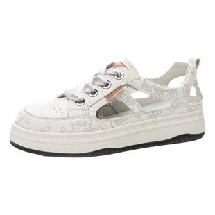 脚肥脚宽大码女凉鞋41到43夏款透气软牛皮小白鞋40透气银色洞洞鞋