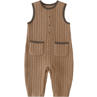 男宝宝背心连体衣秋冬夹丝哈衣女宝加厚保暖连身衣服婴儿背带裤子