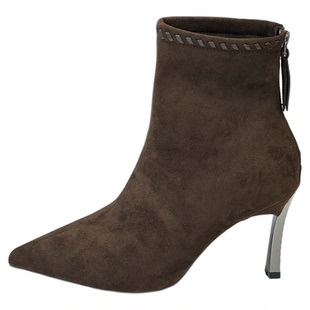 黑色弹力瘦瘦靴女2025新款冬季加绒中筒靴细跟尖头显瘦高跟时装靴