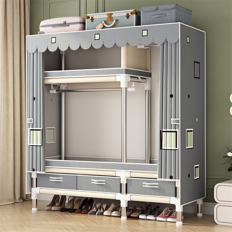 衣柜简易布衣柜钢管加粗加厚带抽屉金属框架家用卧室组装收纳挂衣