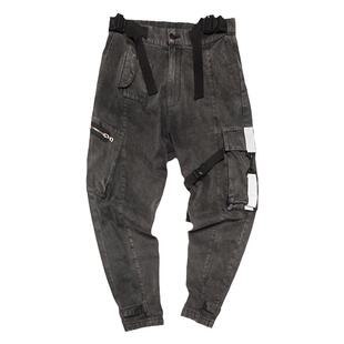 不作恶「速穿牛仔裤」暗黑城市机能风宽松多口袋一体腰带反光水洗