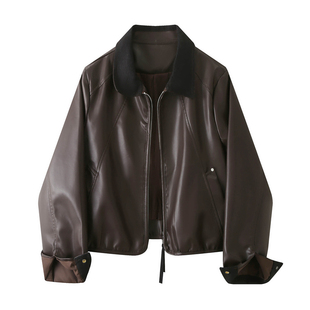 拼色翻领酷飒风皮衣女2026秋季新款韩版正肩休闲皮夹克短款小外套