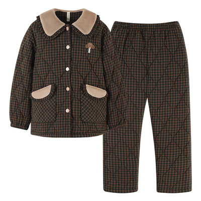 芬腾睡衣女冬季三层加厚夹棉珊瑚绒可外穿梭织纯棉大码家居服套装