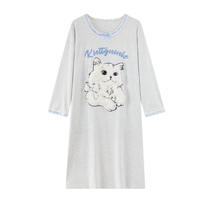 都市丽人带胸垫睡裙女春秋纯棉2025长袖睡衣简约小猫可外穿家居服