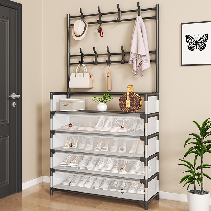 鞋架子简易门口出租屋家用一体挂衣架多层防尘收纳鞋柜落地衣帽架
