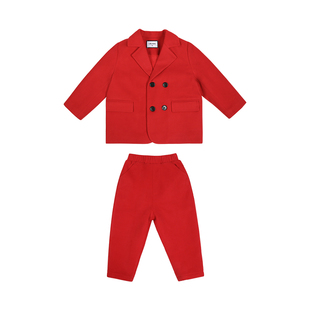 霖霖妈男婴童装儿童西装套装冬装男童过年拜年加绒红色男宝宝新年