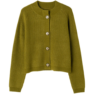 鄂尔多斯市圆领羊毛针织衫女开衫2025秋季新款小个子短款毛衣外套