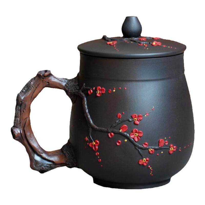 云南建水紫陶办公杯带手柄陶瓷办公杯带盖泡茶杯高档非紫砂茶水杯