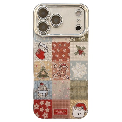 jze 秋冬彩格圣诞可爱卡通涂鸦适用苹果17ProMax手机壳iphone15新款16pro女13带镜头膜15pro全包防摔保护套14