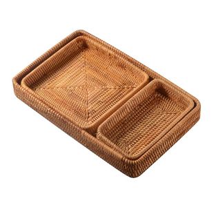 越南秋藤编织收纳盘水果小号零食干果桌面整理收纳筐三件套包邮