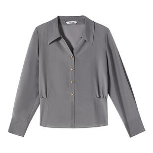 朗姿醋酸高智感灰色v字翻领气质淡人通勤衬衫2025年夏季新款上衣