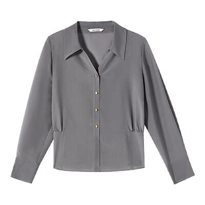 朗姿醋酸高智感灰色v字翻领气质淡人通勤衬衫2025年夏季新款上衣