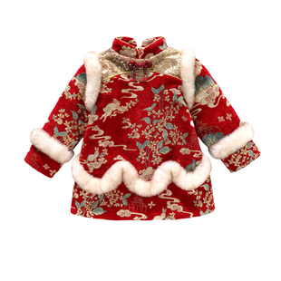 汉服女童旗袍冬季中国风棉袄加绒棉服儿童唐装拜年服夹棉喜庆唐装