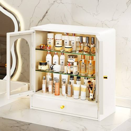 梳妆台化妆品收纳盒带灯桌面带护肤品置物架防尘抽展示盒口红收纳