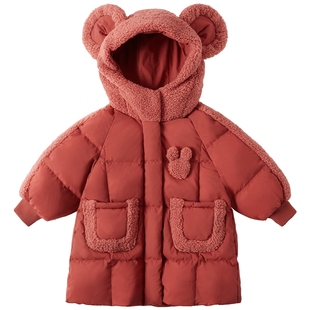 儿童羽绒服女童长款小童白鸭绒红色冬季加厚保暖童装冬装宝宝外套