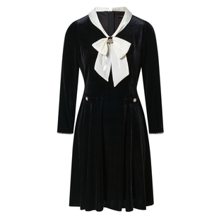 La Koradior拉珂蒂简约商场同款长袖系带领丝绒秋季通勤连衣裙女