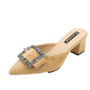 .2026新款奢华水钻尖头半拖鞋女外穿懒人鞋韩版包头高跟试衣鞋