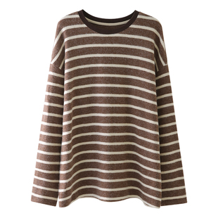 HAMYIHO条纹中长款打底衫女遮屁股加绒内搭t恤秋冬配鲨鱼裤的上衣