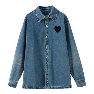 现货【无性别主义】男女同款 爱心刺绣宽松落肩廓形复古牛仔衬衫