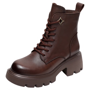 牛皮新款时尚粗跟短靴女款真皮2026春秋女士正品休闲马丁皮靴单靴