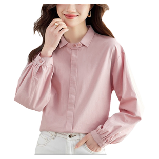 初影粉色衬衫女暗扣门襟衬衫女长袖2026新款灯笼袖上衣小方领衬衣