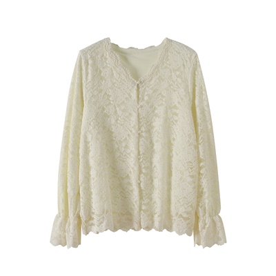 冬新款毛绒感花边V领长袖蕾丝衫