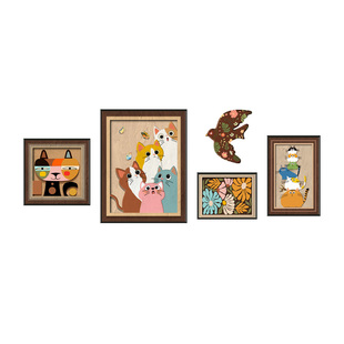 中古风趣味猫咪客厅沙发背景墙装饰画组合壁画卡通法式多巴胺挂画