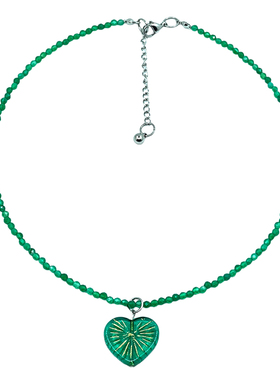 天然绿玛瑙石项链捷克珠爱心吊坠