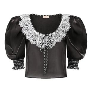 b.Fleurs泡泡袖衬衫女秋新款宽松显瘦五分袖衬衣蕾丝荷叶边上衣