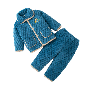 冬天儿童三层夹棉睡衣套装珊瑚加绒加厚男童女童法兰绒宝宝家居服