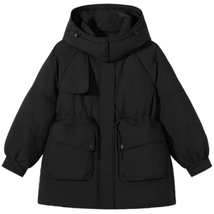 热风女士工装风羽绒服2025年冬季新款时尚收腰显瘦连帽户外羽绒服