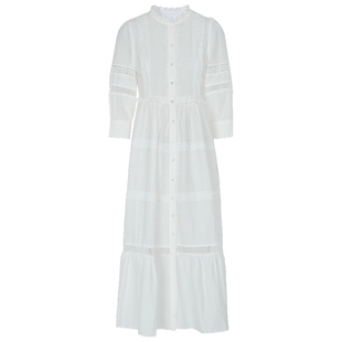 马天奴女装春夏新款黑色立领棉质连衣裙镂空花边长裙收腰裙含背心