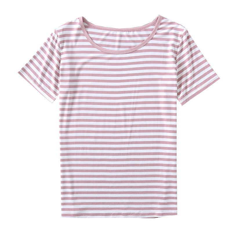 莫代尔短袖女夏睡衣上衣单件大码宽松条纹套头家居服休闲可外穿