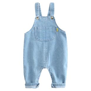 秋季婴幼儿按扣开裆背带裤韩版0-3岁男童女宝宝白色软牛仔背带裤2
